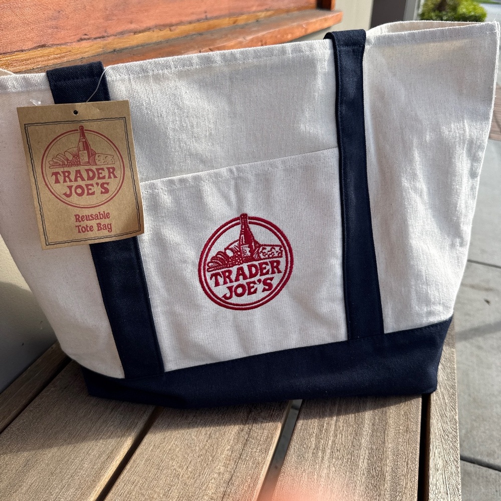 Trader Joes Large Canvas Tote Bag Navy Blue Reusable NWT